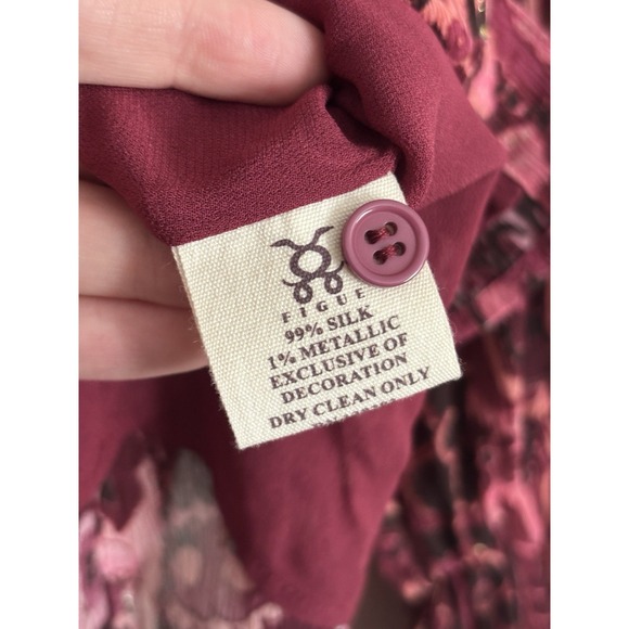 Figue‎ Blouse Silk Medium Button Front Ruffle Long Sleeve Pink Luxury Boho - Picture 4 of 5